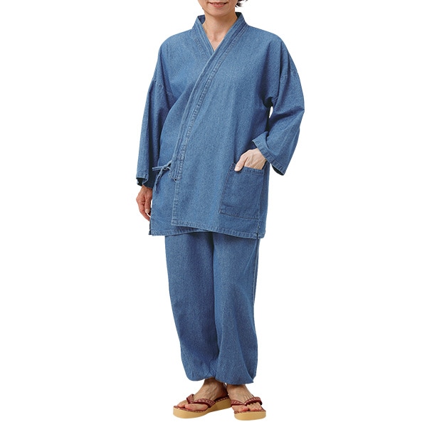 綿100％デニム作務衣(S インディゴブルー): メンズファッション