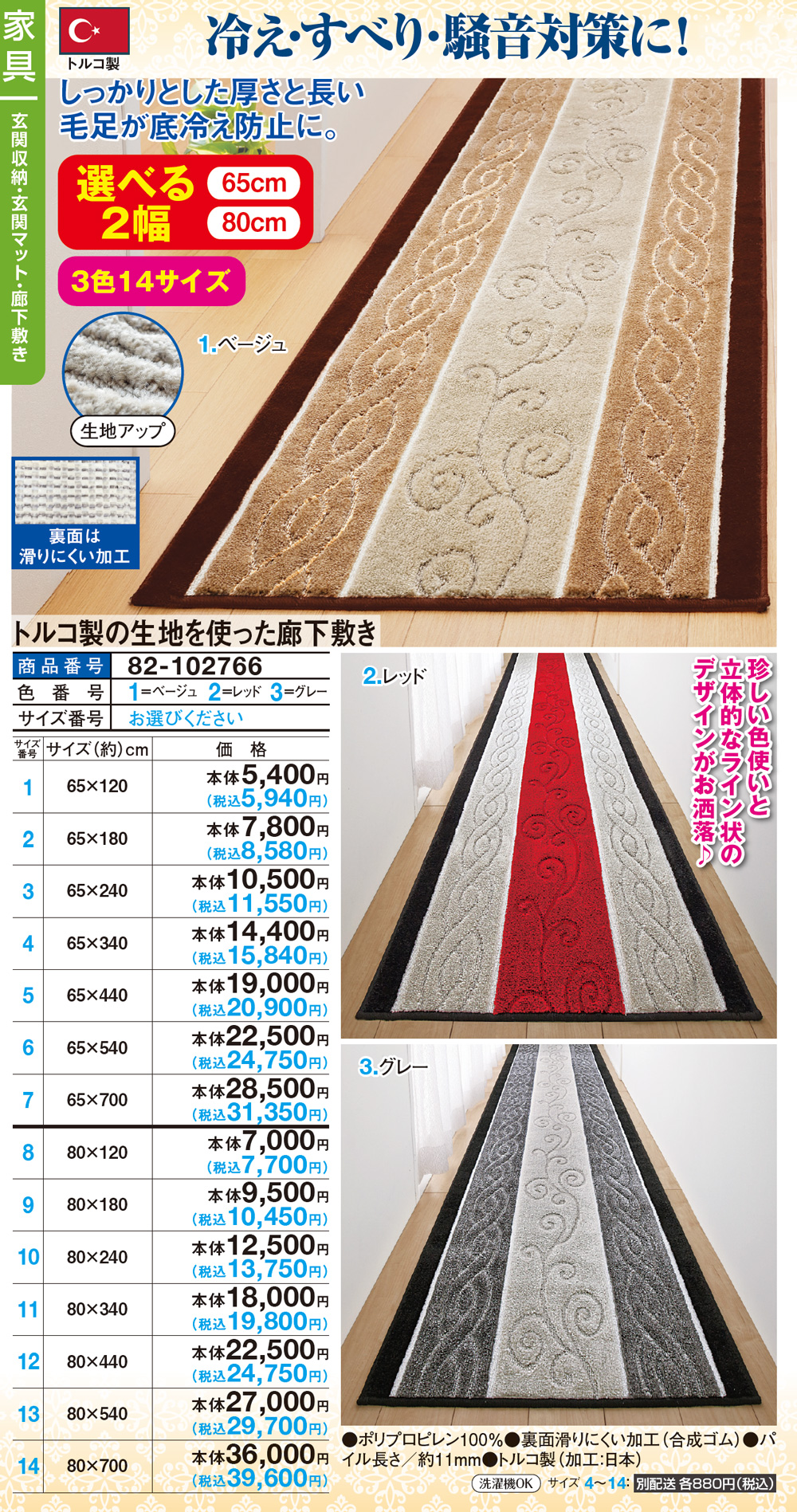 80cm×700cm 廊下敷き グレー トルコ製生地 三愛繊維 - カーペット