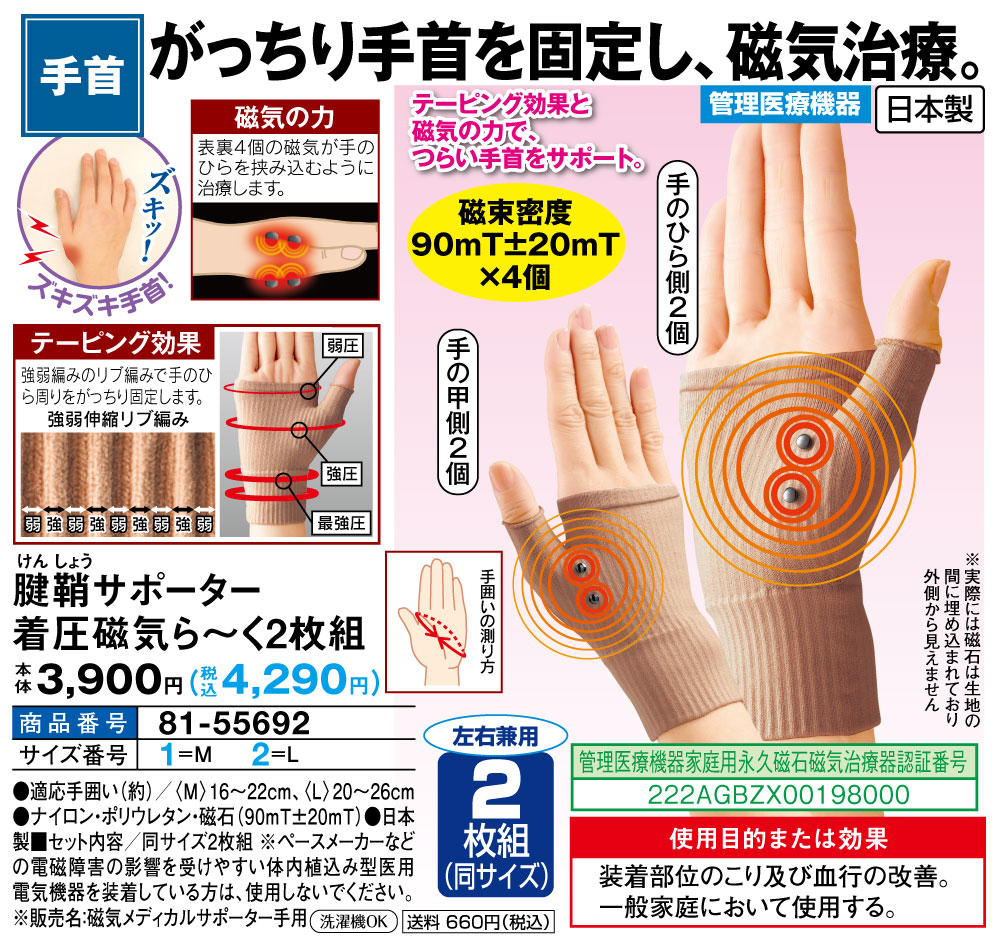 休日限定 腱鞘サポーター 4枚組 着圧磁気ら〜く 健康グッズ