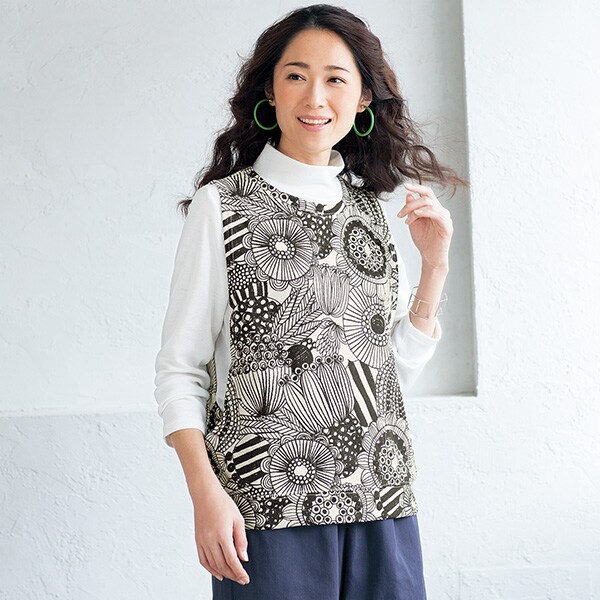 綿混北欧風プリントベスト M レディースファッション はぴねすくらぶ