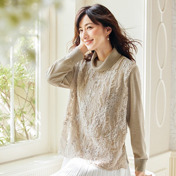 前身頃レース重ねオフタートルニットプルオーバー M L レディースファッション はぴねすくらぶ