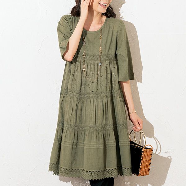 コットンレース使いフレアワンピース M レディースファッション はぴねすくらぶ