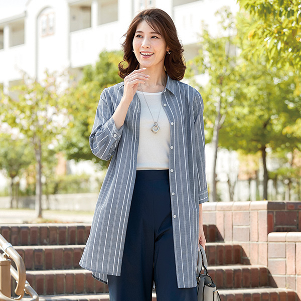 Uvカット爽やか綿混チュニックシャツ M ネイビー系 レディースファッション はぴねすくらぶ