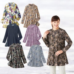 立ち衿ボタン付Aラインチュニック