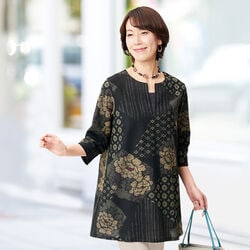 つむぎ調牡丹柄ゆったりチュニック
