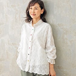 総刺しゅうスタンド衿配色ボタンブラウス