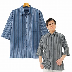 国産高島ちぢみ7分袖シャツ(S ブルー系): メンズファッション