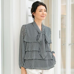 千鳥格子プリントボウタイブラウス