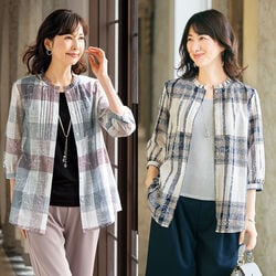 チェックと花柄プリントのフリル衿ピンタックブラウス