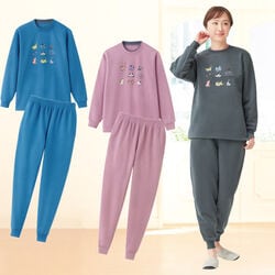 ネコ柄プリント裏起毛ふんわりパジャマ