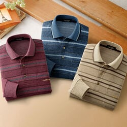 ポール・ミラー ボーダー柄ジャカード長袖ポロシャツ3色組