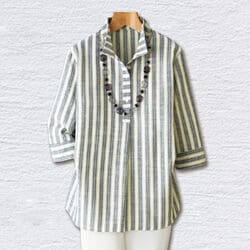 綿混先染めストライプ衿付ブラウス