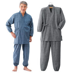 高島ちぢみ作務衣(M ブルー): メンズファッション／はぴねすくらぶ