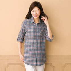 コットン格子柄ロールアップロングブラウス