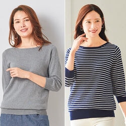 綿100ボートネック七分袖ニット2色組