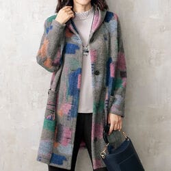 起毛プリントフード付ロングジャケット