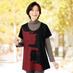 ネコ柄配色フレンチ袖チュニック