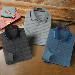 ポール・ミラー 先染めボーダー柄長袖ポロシャツ3色組