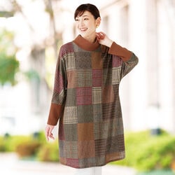 起毛リブ切替格子柄チュニック