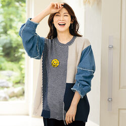 袖デニム使い配色セーター