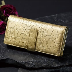 金色に煌めく花型押し牛革多収納財布