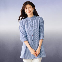 フリル衿ストライプロングブラウス