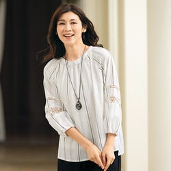 袖レース使い綿先染めオーバーブラウス