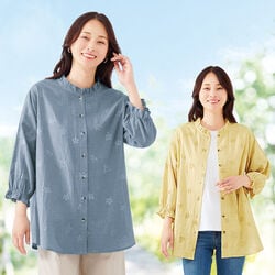 コットン七分袖シャーリングブラウス