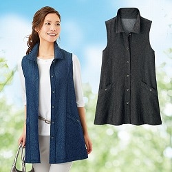 すっきり見えるデニムロングベスト