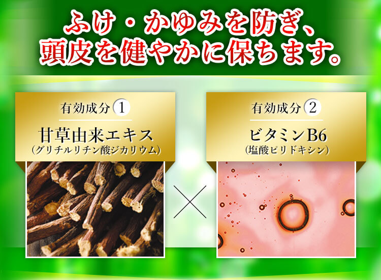ふけ・かゆみを防ぎ、頭皮を健やかに保ちます 有効成分1 甘草由来エキス（グリチルリチン酸ジカリウム） 有効成分2 ビタミンB6（塩酸ビリドキシン）