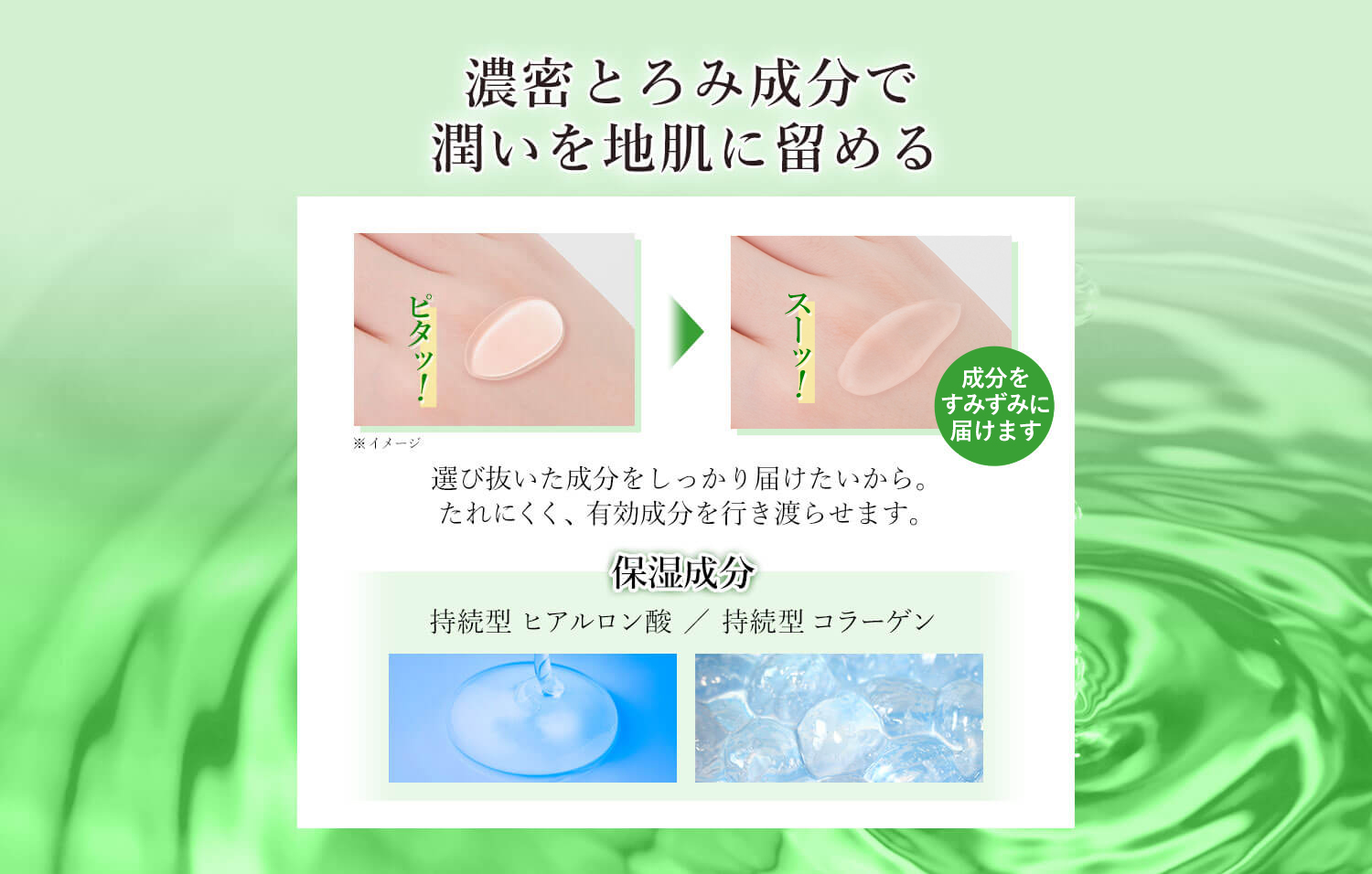 濃密とろみ成分で潤いを地肌に留める 選び抜いた成分をしっかり届けたいから。たれにくく、有効成分を行き渡らせます。 保湿成分 持続型ヒアルロン酸／持続型コラーゲン