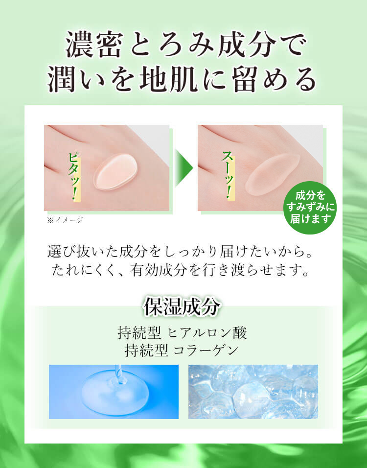 濃密とろみ成分で潤いを地肌に留める 選び抜いた成分をしっかり届けたいから。たれにくく、有効成分を行き渡らせます。 保湿成分 持続型ヒアルロン酸／持続型コラーゲン