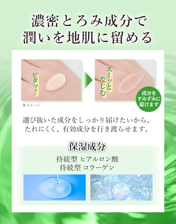濃密とろみ成分で潤いを地肌に留める 選び抜いた成分をしっかり届けたいから。たれにくく、有効成分を行き渡らせます。 保湿成分 持続型ヒアルロン酸／持続型コラーゲン