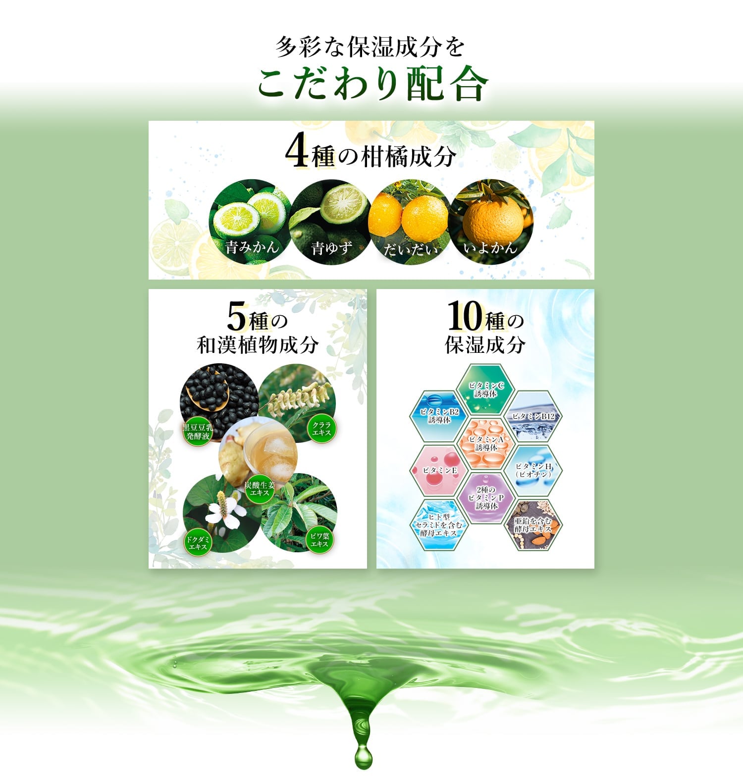 多彩な保湿成分をこだわり配合 4種の柑橘成分 5種の和漢植物成分 10種の保湿成分