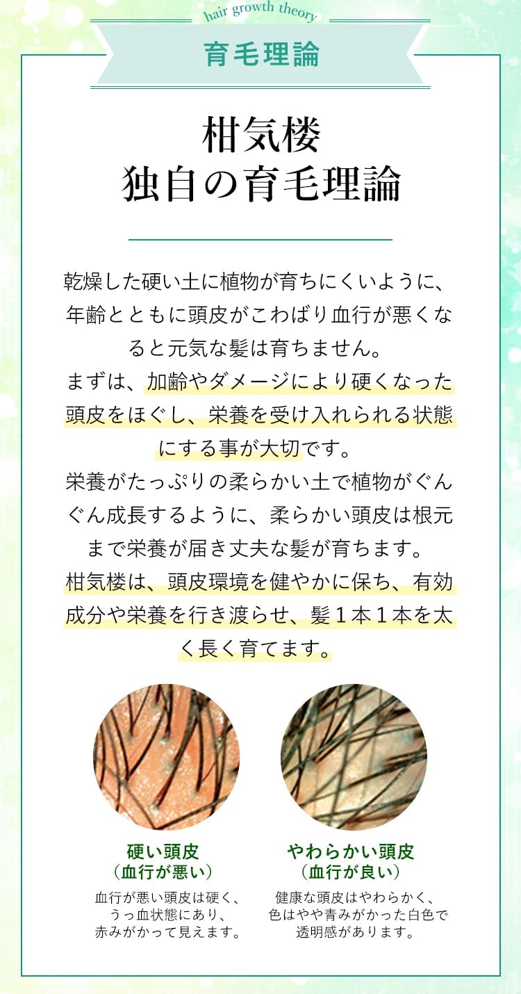 育毛理論 柑気楼独自の育毛理論 乾燥した硬い土に植物が育ちにくいように、年齢とともに頭皮がこわばり血行が悪くなると元気な髪は育ちません。まずは、加齢やダメージにより硬くなった頭皮をほぐし、栄養を受け入れられる状態にする事が大切です。栄養がたっぷりの柔らかい土で植物がぐんぐん成長するように、柔らかい頭皮は根元まで栄養が届き丈夫な髪が育ちます。柑気楼は、頭皮環境を健やかに保ち、有効成分や栄養を行き渡らせ、髪１本１本を太く長く育てます。