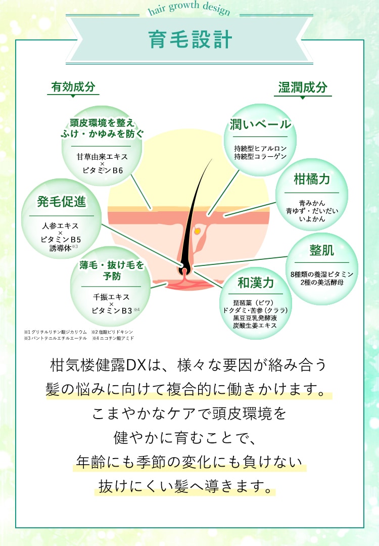 育毛設計 育毛設計 柑気楼健露DXは、様々な要因が絡み合う髪の悩みに向けて複合的に働きかけます。こまやかなケアで頭皮環境を健やかに育むことで、年齢にも季節の変化にも負けない強く抜けにくい髪へ導きます。