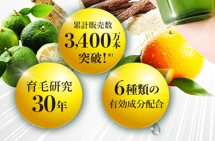 累計販売数3,400万本突破！　育毛研究30年　6種類の有効成分配合