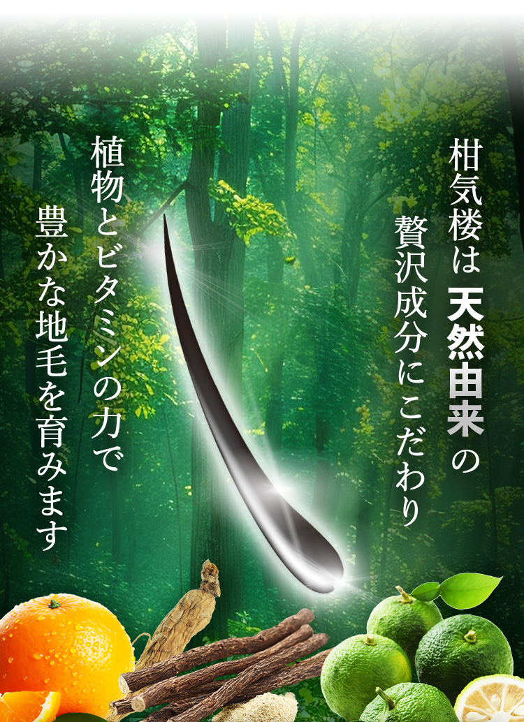 柑気楼は天然由来の贅沢成分にこだわり 植物とビタミンの力で豊かな地毛を育みます