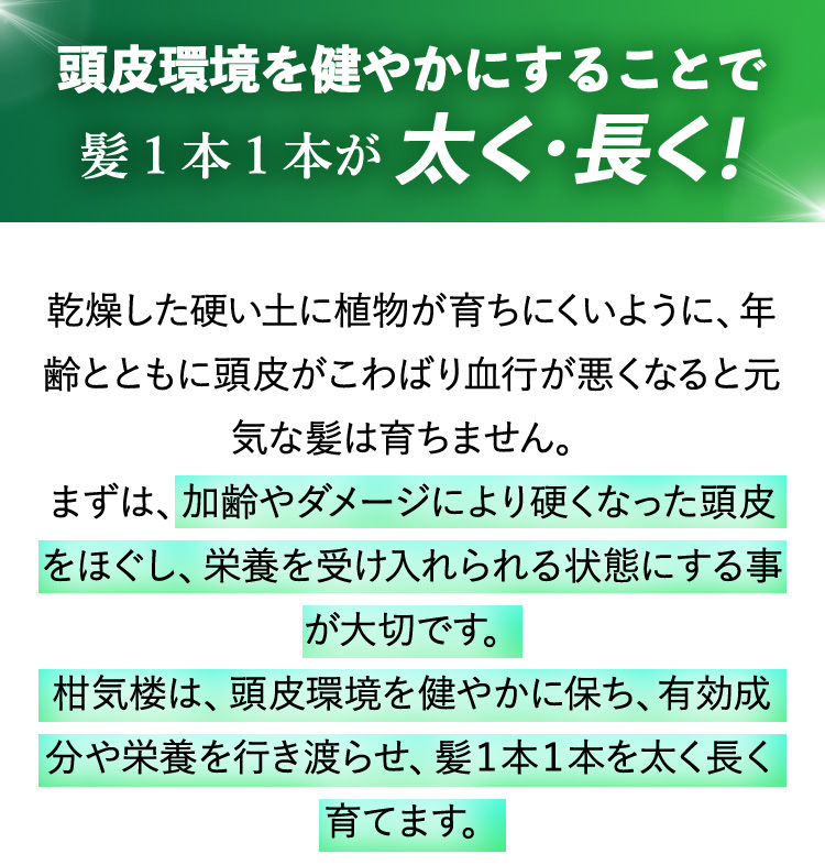 頭皮環境を健やかにすることで髪１本１本が太く・長く！ 乾燥した硬い土に植物が育ちにくいように、年齢とともに頭皮がこわばり血行が悪くなると元気な髪は育ちません。まずは、加齢やダメージにより硬くなった頭皮をほぐし、栄養を受け入れられる状態にする事が大切です。柑気楼は、頭皮環境を健やかに保ち、有効成分や栄養を行き渡らせ、髪１本１本を太く長く育てます。