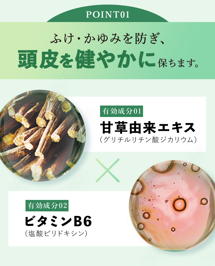 POINT01 ふけ・かゆみを防ぎ、頭皮を健やかに保ちます。有効成分01 甘草由来エキス（グリチルリチン酸ジカリウム） 有効成分02 ビタミンB6（塩酸ピリドキシン）